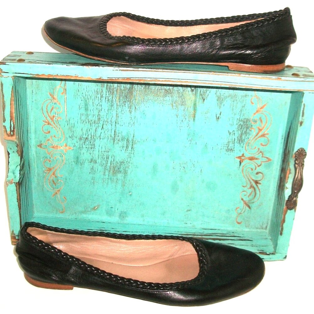 CHLOE Paris Black Leather Ballet FLats with Braided-Edging 39.5M 9.5M $595